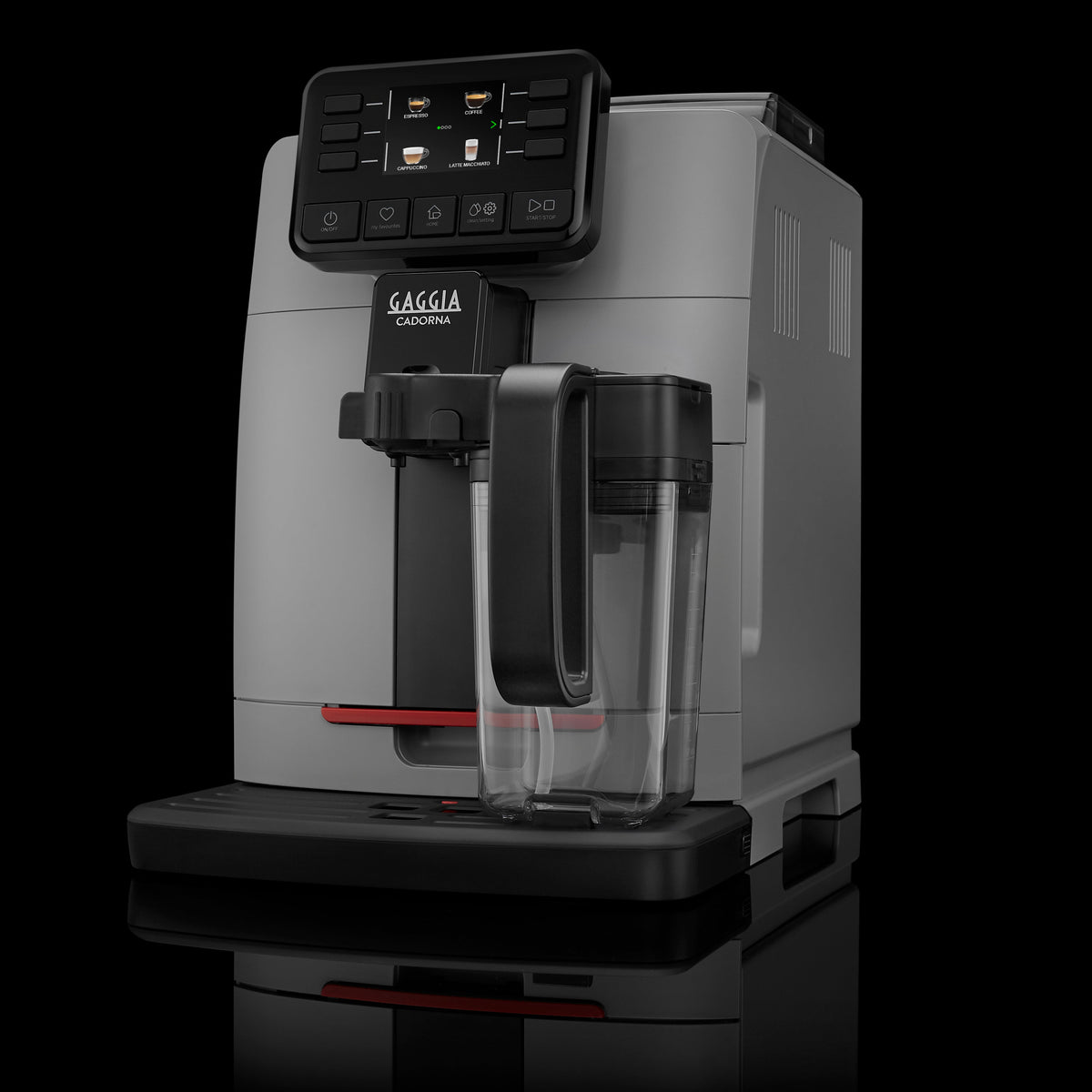 Gaggia Cadorna Prestige Over Ice Kaffeevollautomat Moonlight Grey, Ansicht seitlich, mit Milchkaraffe