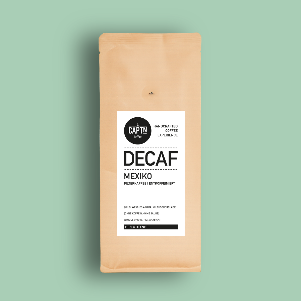 Decaf Kaffee Beutel auf Mint-grünem Hintergrund