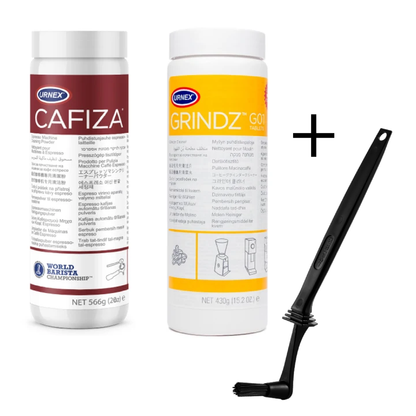 Complete Cleaning Kit for Portafilters & Coffee Grinders – Urnex Cafiza 566 g, Grindz GO1 430 g + Angle Brush