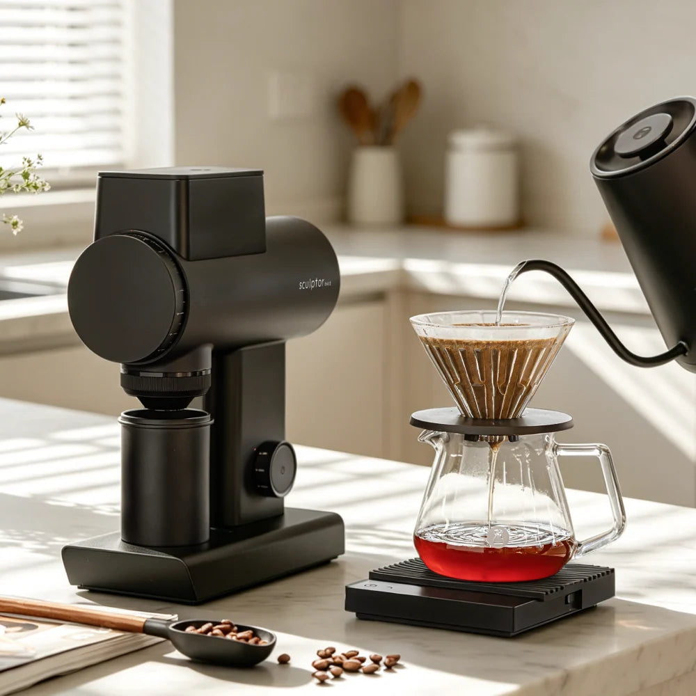 Timemore Sculptor 064S Gen 2 in Schwarz bei der Pour-Over-Zubereitung