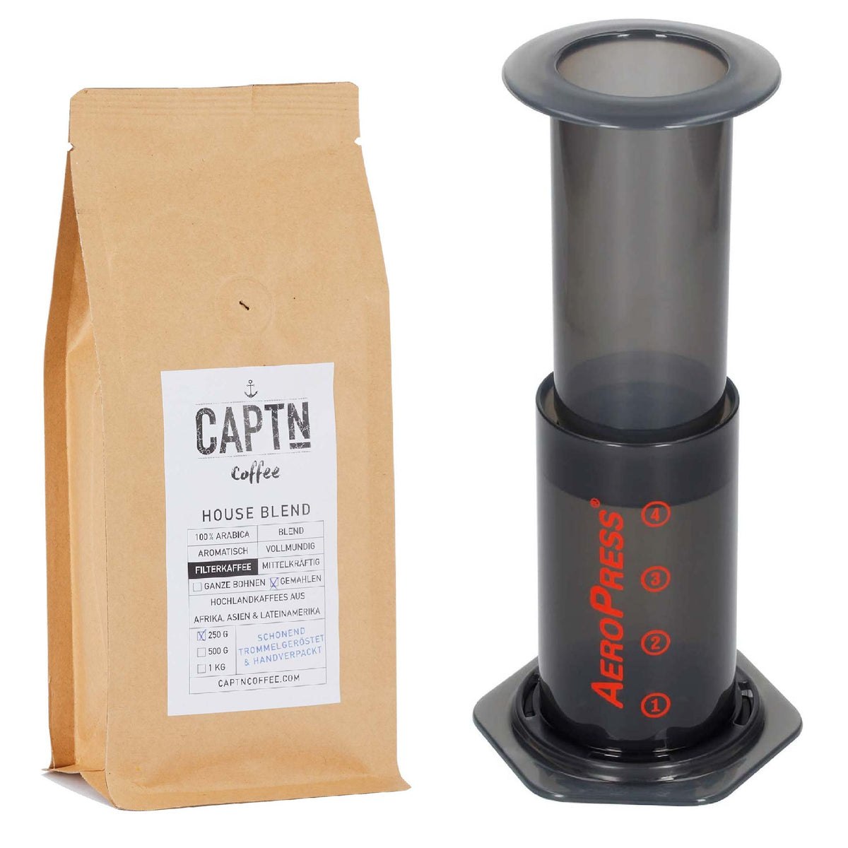 Aeropress mit Kaffeebeutel im Set